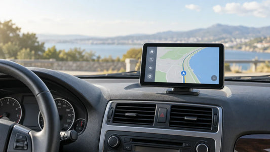 Portable CarPlay display mounted on an older car dashboard